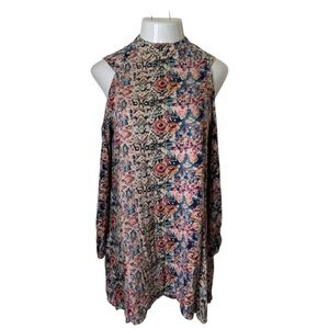 Angie Small NWT Boho Multicolor Print Cold Shoulder Kantha Artsy Dress R…